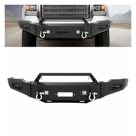 KOJEM Front Bumper Compatible with 2014-2015 GMC Sierra 1500 Pickup Truck w/Winch Plate & LED Lights Powder Coated Black Steel Plastic