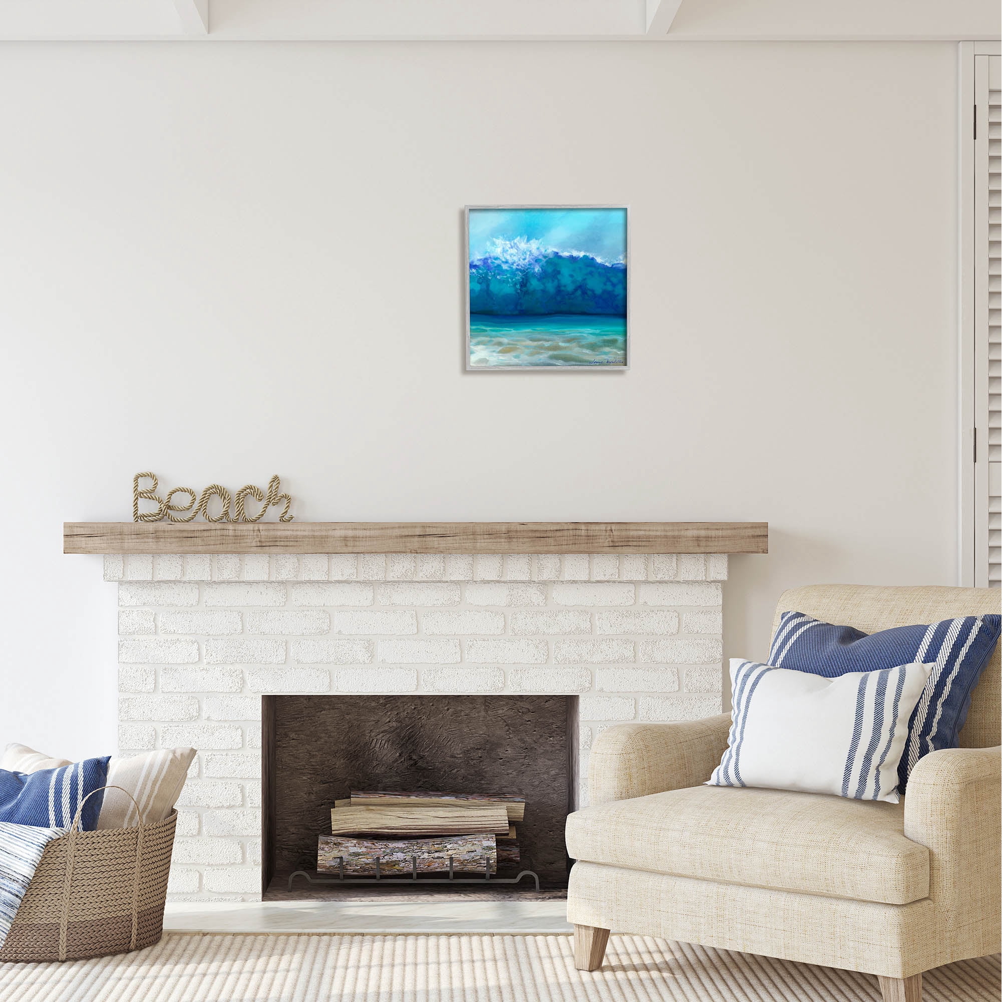 Stupell Industries Vivid Blue Tsunami Wave Splash Coastal Painting Gray Framed Art Print Wall Art