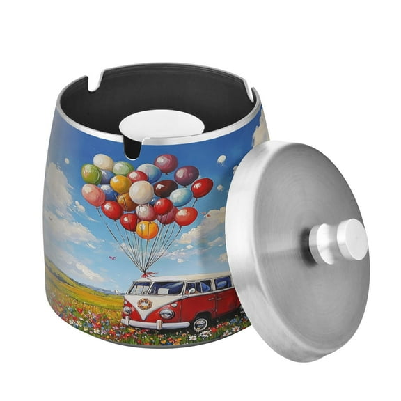 (9.3*9.3*9.7inch)Ashtray with Lid for Cigarette, Stainless Steel Smokeless Odorless Windproof Ashtrays, for Home Office Tabletop Outside Patio Outdoor Balcony Many Balloons