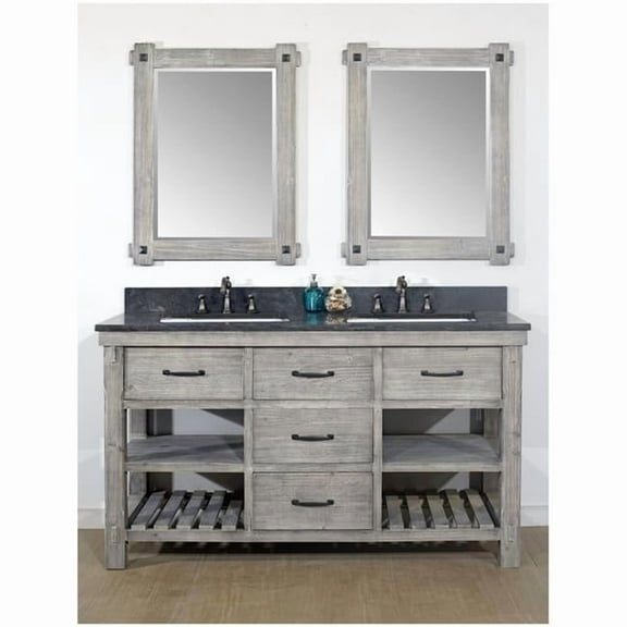 InFurniture WK8260-G-WK SQ TOP 60 in. Rustic Solid Fir Double Sink Vanity With Rectangular Sink in Grey Driftwood With Limestone Top-No Faucet