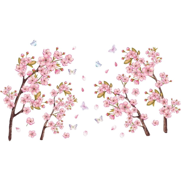 Calcomanías de pared de flores de cerezo en acuarela con mariposas - Decoración de vinilo con flores en color rosa pastel para dormitorio, baño, sala de estar, guardería