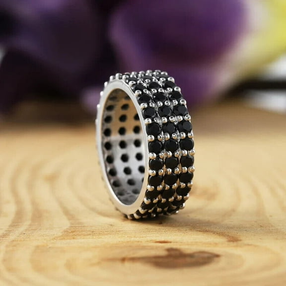 4Ct Lab Created Black Diamond Three Row Men's Band Ring in 14k White Gold Plated