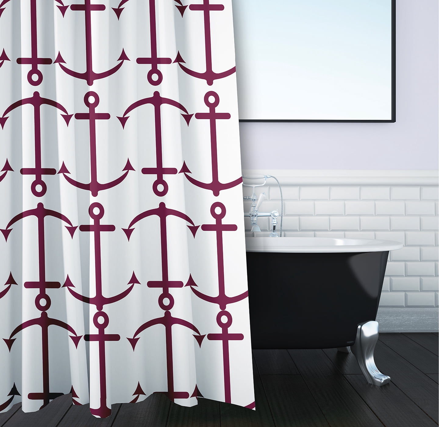 Simply Daisy 70" W x 73" L Anchor Pattern Polyester Shower Curtain, Maroon Red [1 Ct]