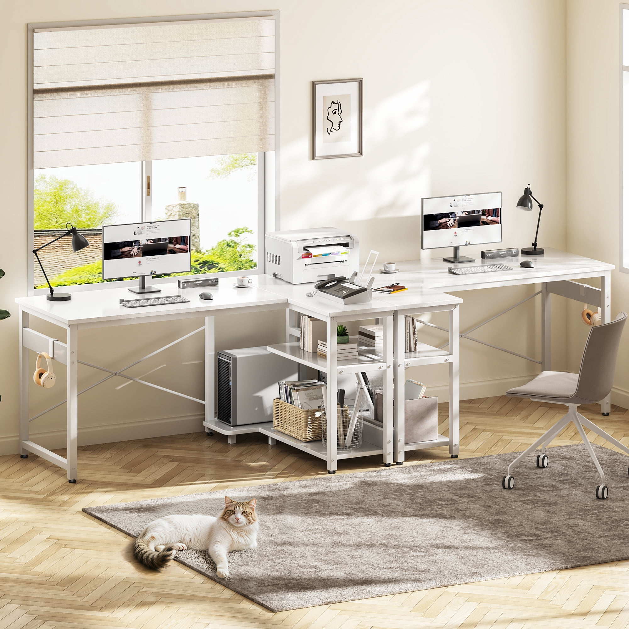 Casacomoda 48 Inch L Shaped Computer Desk with Storage Shelves & CPU Stand, Spacious Corner Desk with Headphone Hook, Home Office Desk, Reversible, White