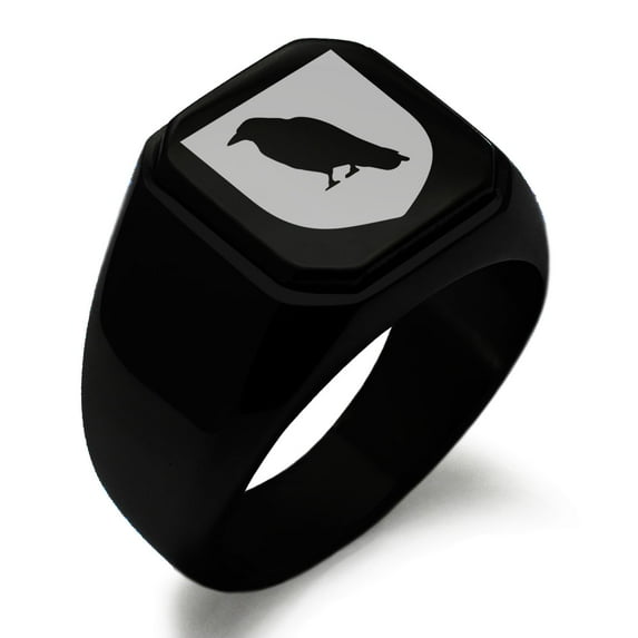 Stainless Steel Raven Bringer of Death Coat of Arms Shield Engraved Square Flat Top Biker Style Polished Signet Ring