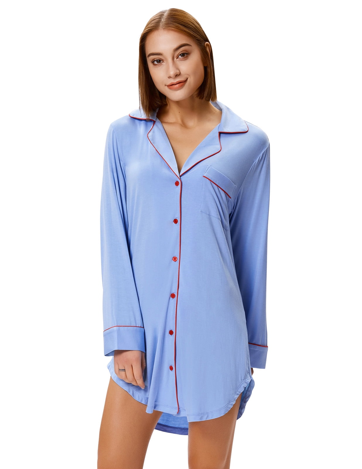 Zexxxy Women's Comfortable Long Sleeve Lapel Collar Pajama Sleep Shirt ...