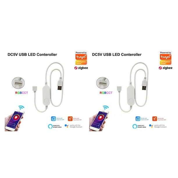 Matsuzay Controlador de tira de luces LED RGB, aplicación remota para sala de estar, juego de películas, música, atenuador de ambiente, pieza RGBCCT USB 2Conjunto