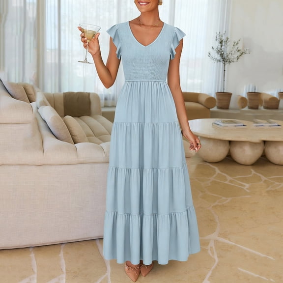 BUIGTTKLOP Dresses for Women Ruffle Cap Sleeve Maxi Dresses Full Length V Neck Smocked Summer Beach Sundress
