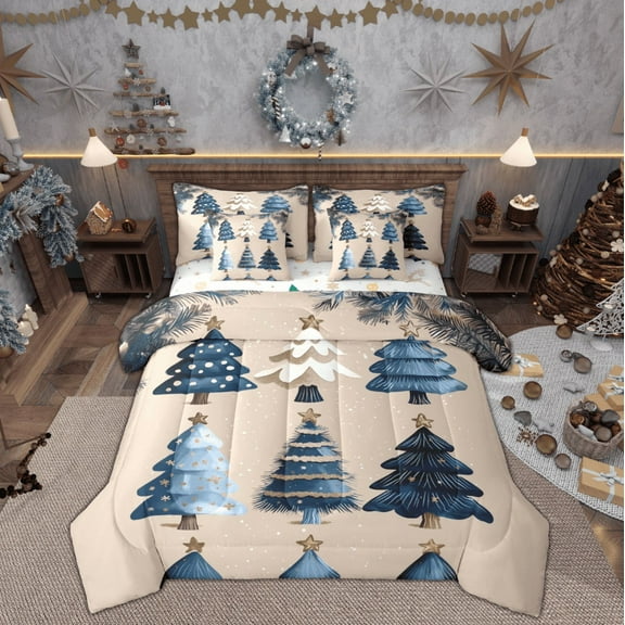 Feelyou Blue Xmas Tree Twin Bedding Sets 7-Piece, Merry Christmas Bedding Comforter Set, Princess Fairy Tale Reversible Sheet Sets, Breathable Home Decor