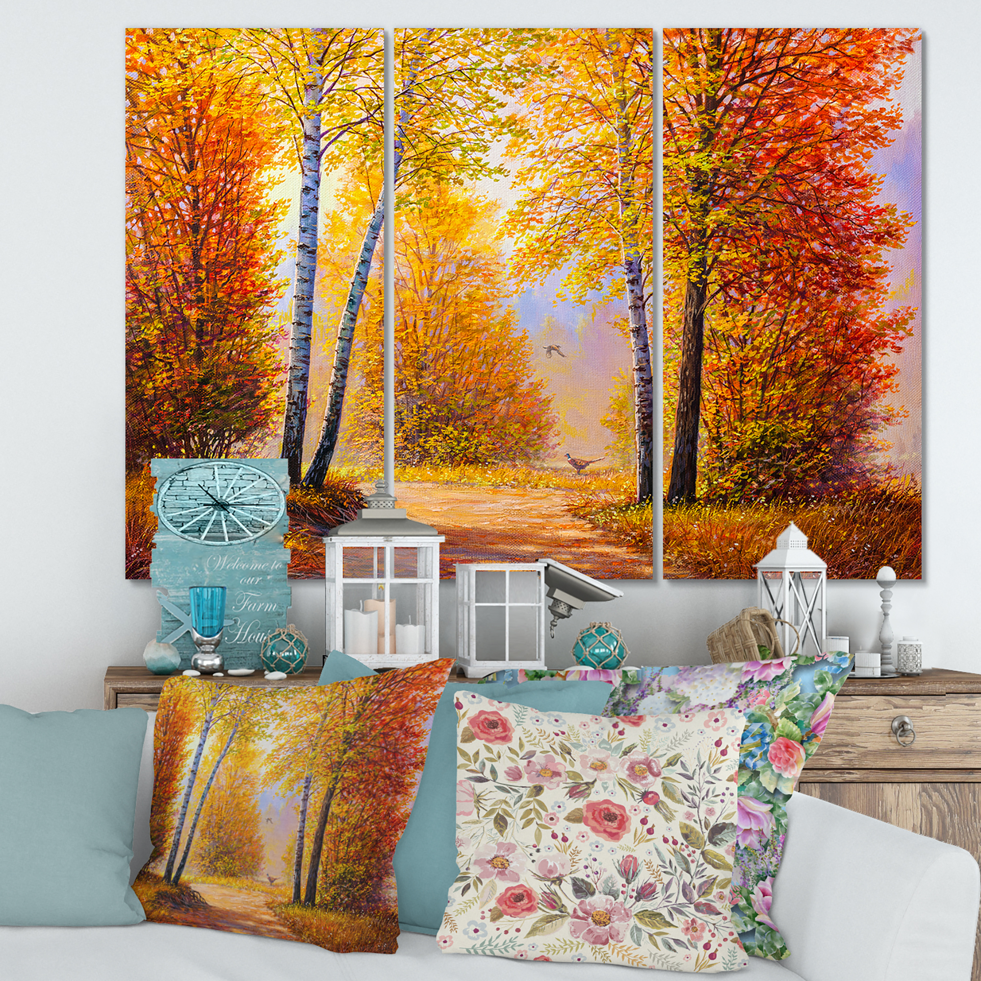 Designart ' Sunrise Glow Through The Autumn Trees ' Lake House Canvas Wall Art Print