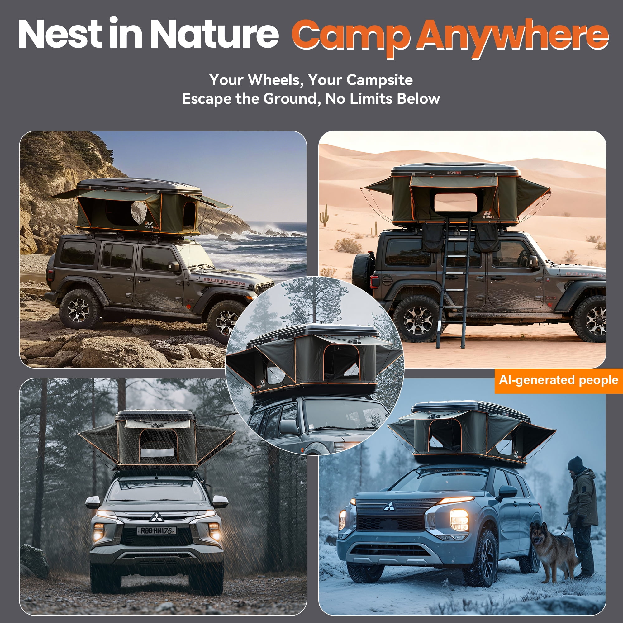 Naturnest Green Hard-Shell Rooftop Tent, 2-3 Person Pop-Up Camping Tent with Ladder & 4 Windows Family Adventures
