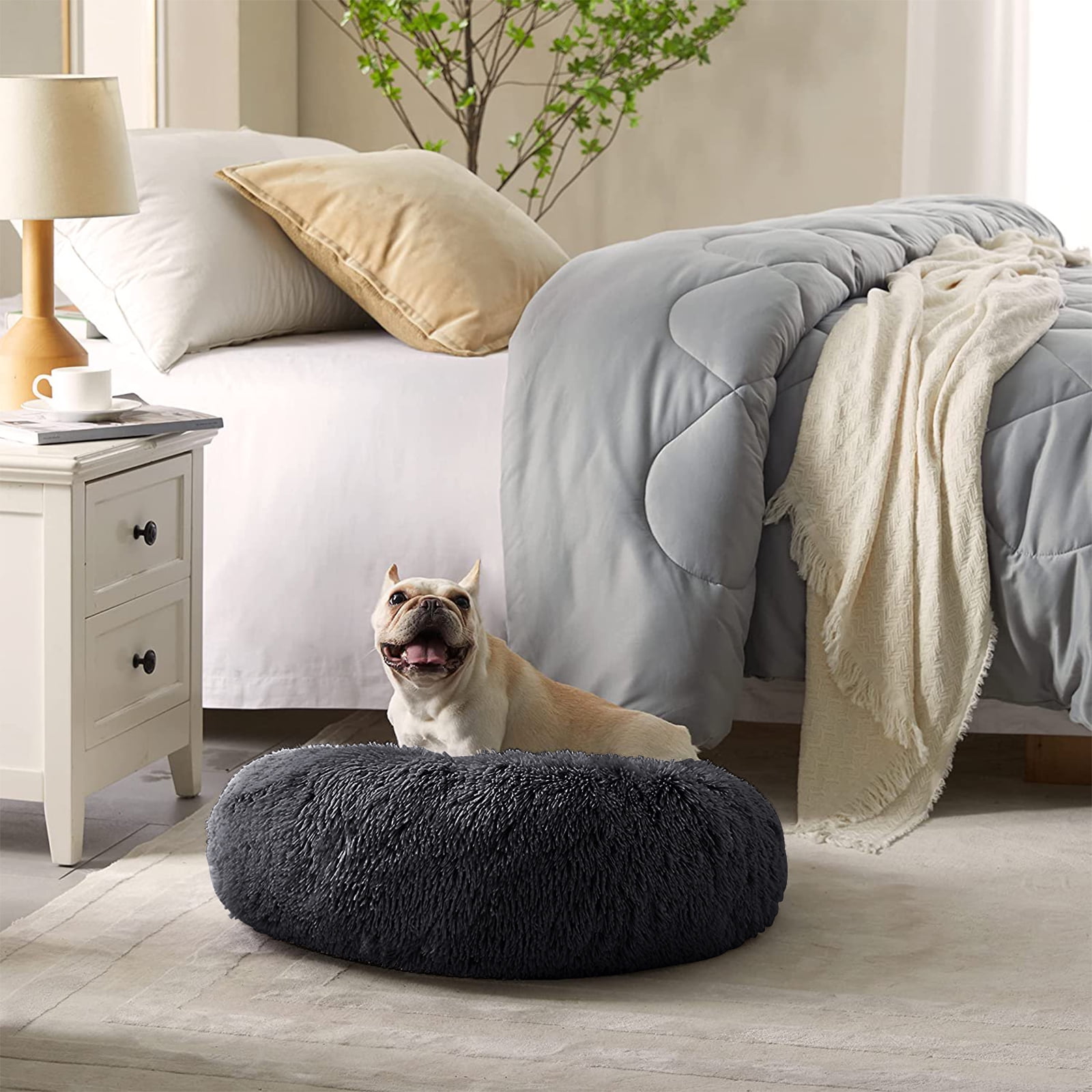 Nisrada Calming Donut Dog Bed Anti-Anxiety, Self Warming, Cozy Soft Plush Round Pet Bed, Ideal for Both Home & Travel, 24"L x 24"W x 8"H