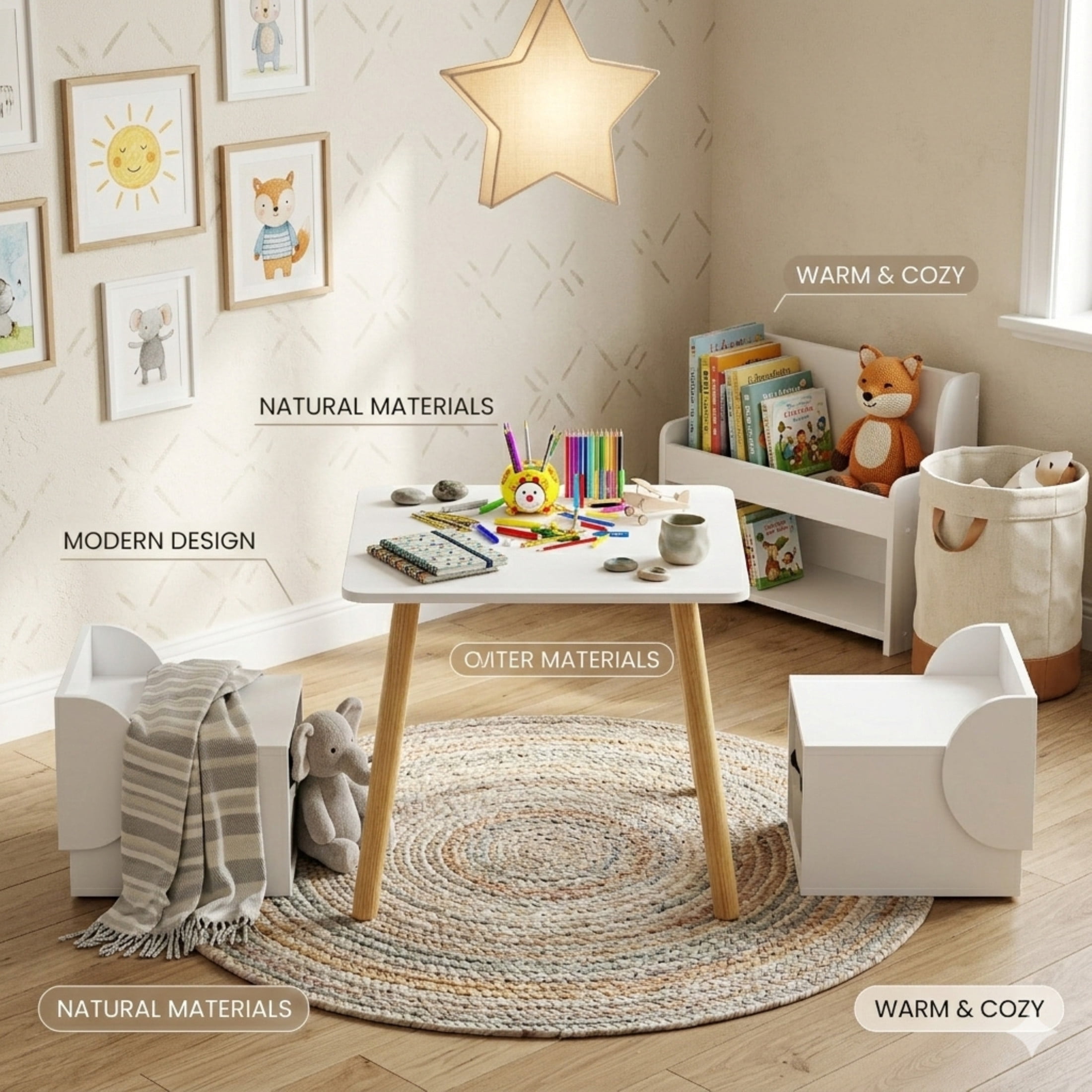 Noble House Lornic Scandi Kids Play Table and Chair Set, 3-Piece Toddler Activity Set with Storage Drawers, White & Natural