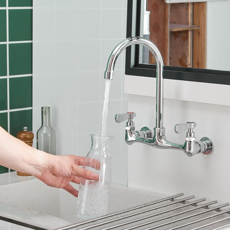 Wall Mount Kitchen Sink Faucet – 8-Inch Center Commercial Brass Faucet, 360° Swivel Spout, 2-Handle, For Utility Laundry Room Restaurant Sink, Chrome