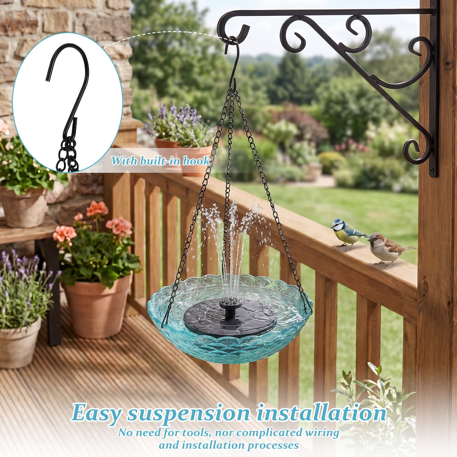 Threns Solar Hanging Bird Bath Fountain Hanging Solar Bird Bath Fountain for Outdoor Garden Backyard Patio Lawn Wildlife Feeder (Blue)