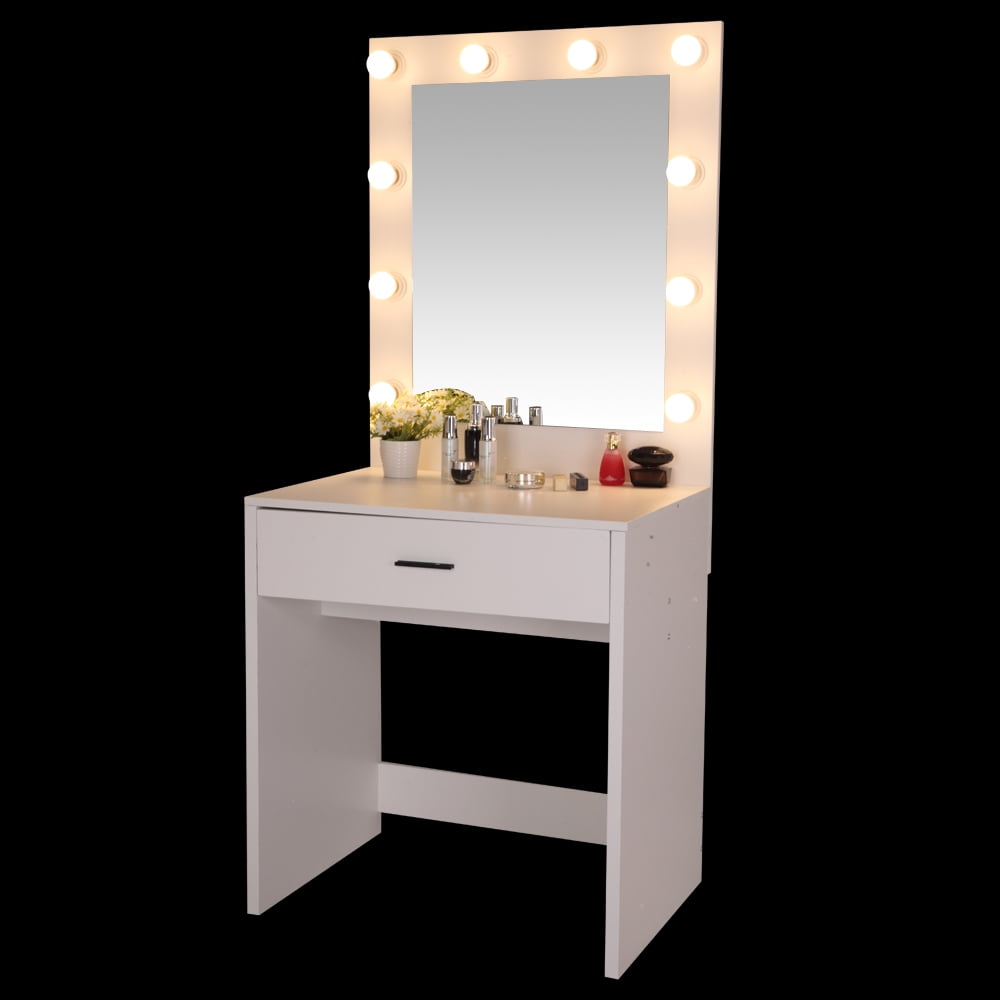 Lowestbest Pattern Dressing Table, Large-Mirror Single-Drawer Vanity Table with Warm Light, White