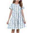 thumbnail image 2 of Spazoro Toddler Girls A-Line Dress, Casual Floral Print Short Sleeve Round Neck Princess Dresses for Child Girls Light Blue Size 11-12T, 2 of 5