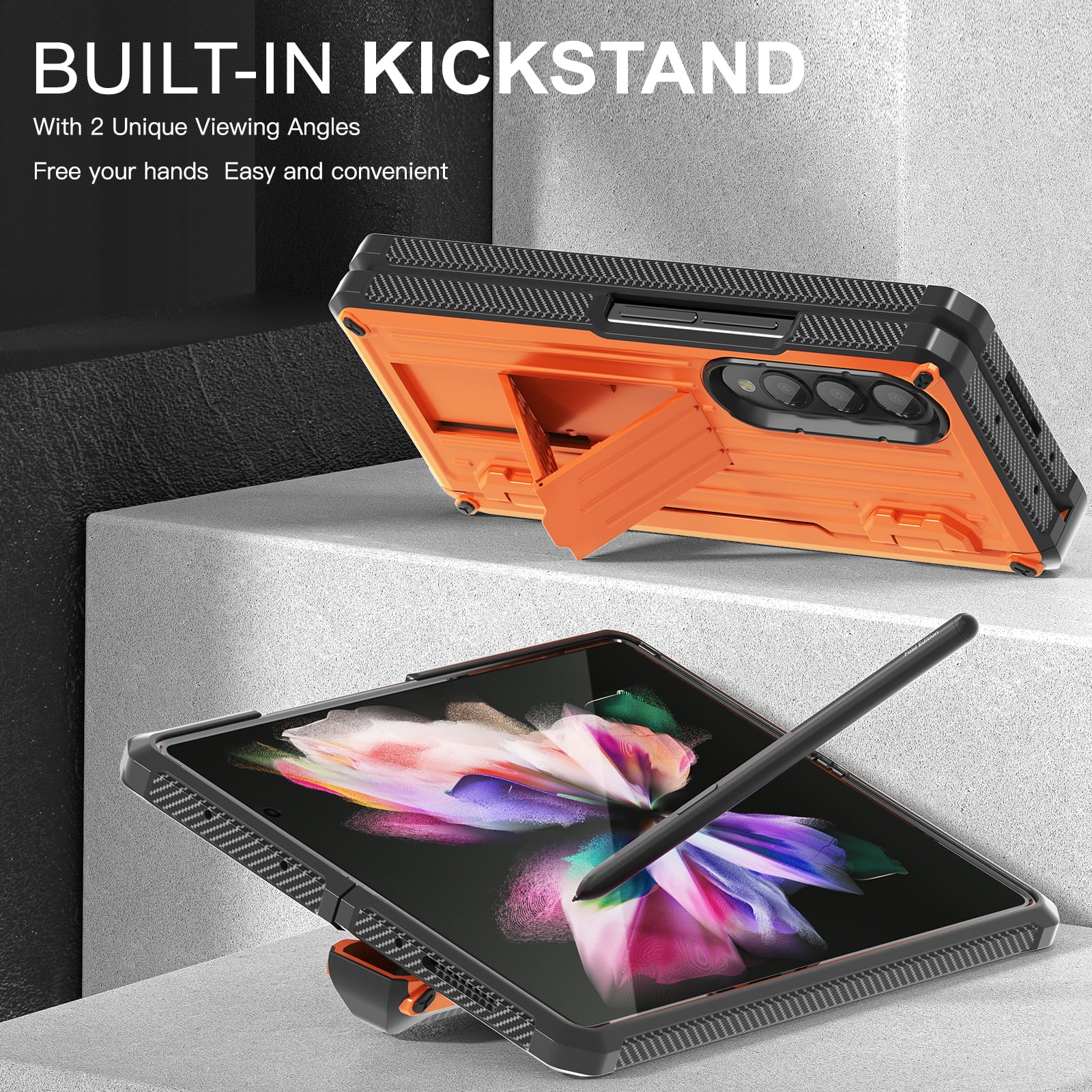 TECH CIRC Case for Samsung Galaxy Z Fold 3 Compatible with MagSafe, Heavy Duty Rugged PC Shockproof Hinge Protection Cover with Hidden Bracket Screen Protector S Pen Holder Galaxy Z Fold 3 Case,Orange