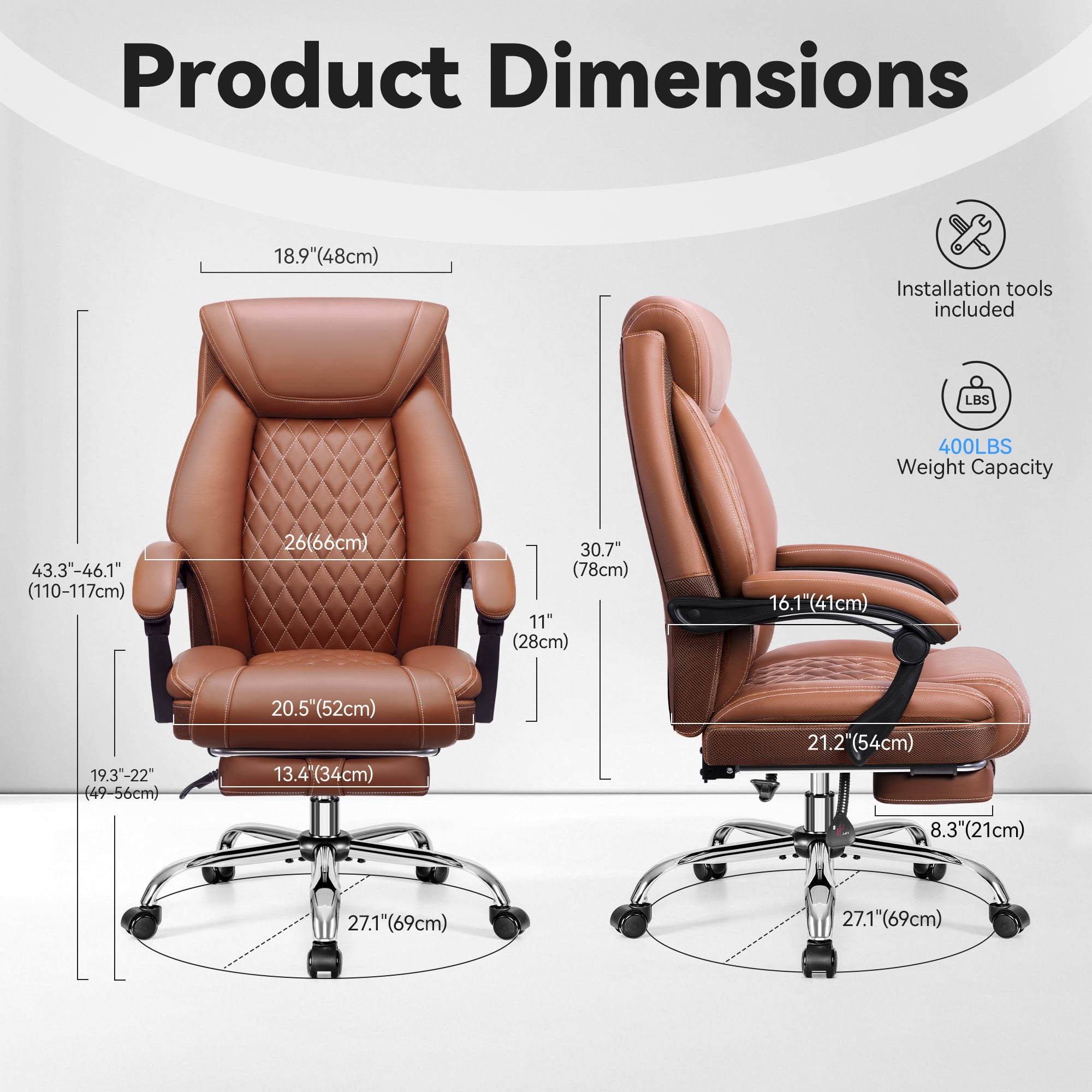FASTES Ergonomic Office Chair, Big and Tall Leather Desk Chair with Footrest and Lumbar Support, 2-Position Reclining Executive Computer Chair, Brown