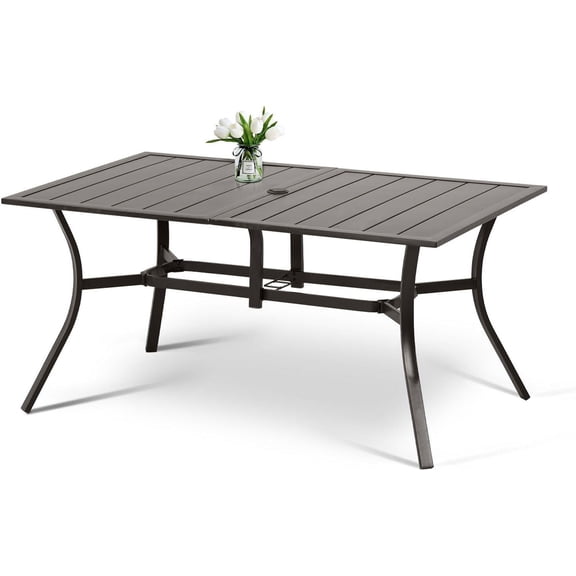 Aoodor Patio Dining Table for 6 People, 59" L x 38" W Rectangular Metal Outdoor Dining Table with Adjustable Umbrella Hole for Garden, Poolside, Backyard