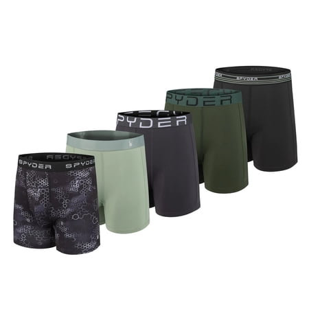 Spyder Mens Boxer Briefs 5 Pack Poly Spandex Performance Boxer Briefs Underwear (Black/Light Green/Dark Grey/Green/Black, Large)