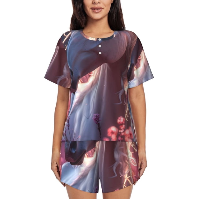 Fotbe Flower White Horse Conjunto de Pijama Estampado para Mujer, 2 Piezas, Ropa de Dormir con Camiseta de Manga Corta y Shorts Suaves-XX-Large