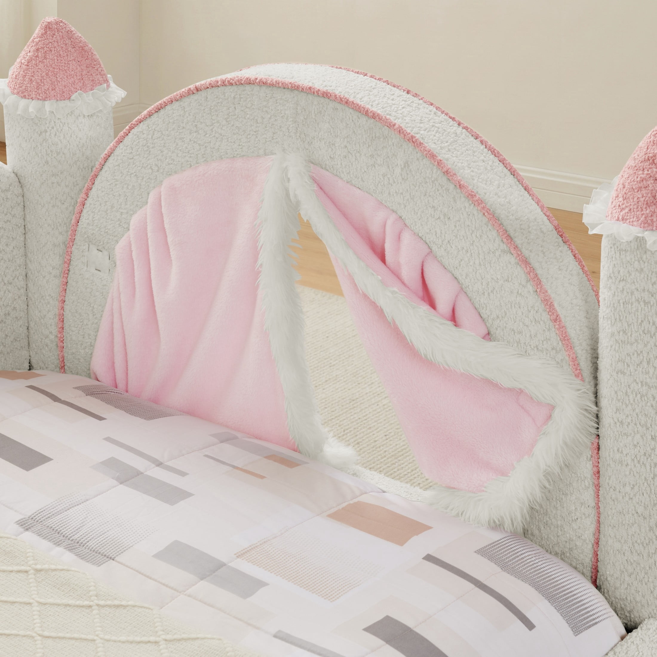 GDF Studio Solley Twin Size Castle Bed with Safety Guardrails, Curtain & Wood Frame, Boucle Upholstered Bed, White