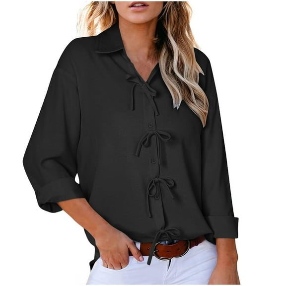 Jamicy Blouses for Women 2025 Spring Outfits Womens Cute V Neck Long Sleeve Blouses Button Down Solid Color Shirt Bow Tie Front Tops