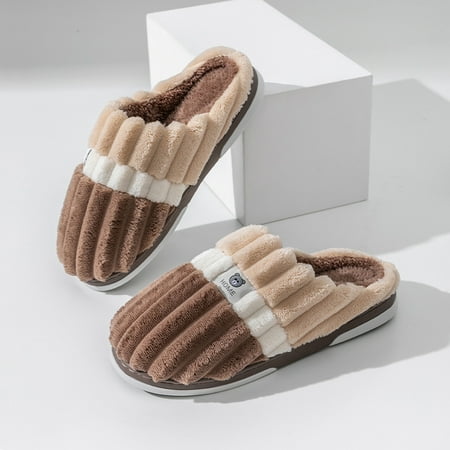 

Huilaibazo Fuzzy Slippers For Men Couples Men Slip On Furry Plush Flat Home Winter Round Toe Keep Warm Stripe Print Slippers Shoes