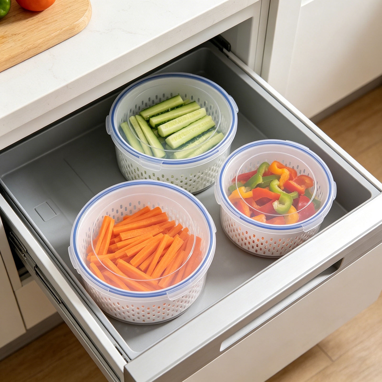 Food Storage Containers 4-in-1 Fridge Fruit and Vegetable Container with Removable Colander Airtight Lids Stackable Clear Produce Keepers for Washing Draining and Storing Berries Greens