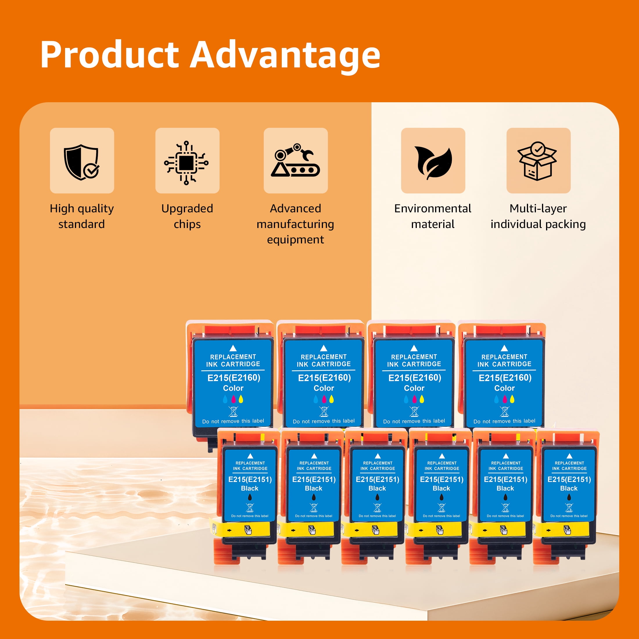 T215 215 Ink Cartridges Compatible Replacement for  T215 Ink for WF-100 WF-110 EC-C110 Mobile Printer, T215120-S T215530-S Pigment (10-Pack: 6 Black, 4 Tri-Color)
