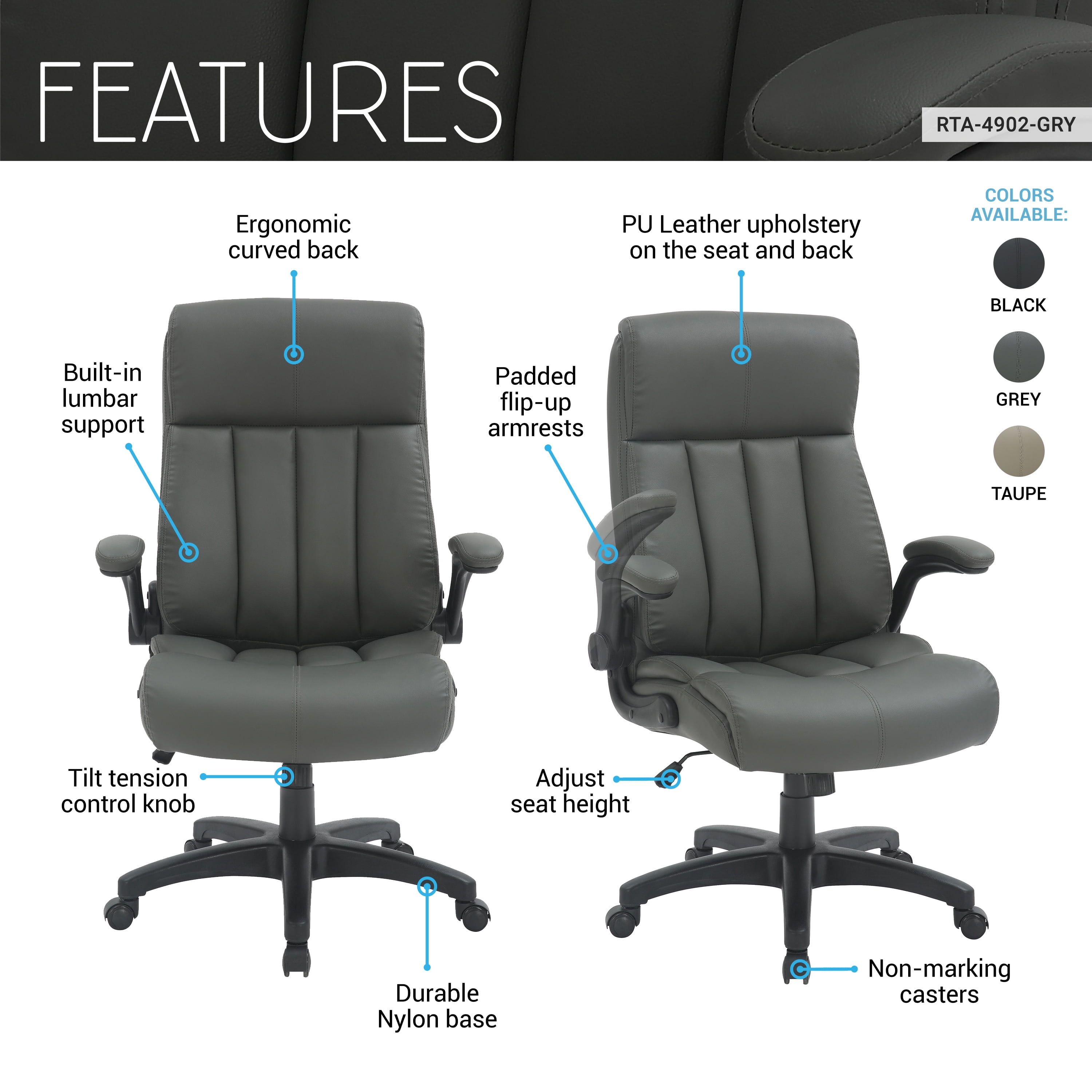 Ergonomic Faux Leather Office Chair, High Back Padded Executive Desk Chair with Flip-Up Armrests, Adjustable Height, Tilt Control, and Smooth-Rolling Wheels for Home and Office Desk, Grey