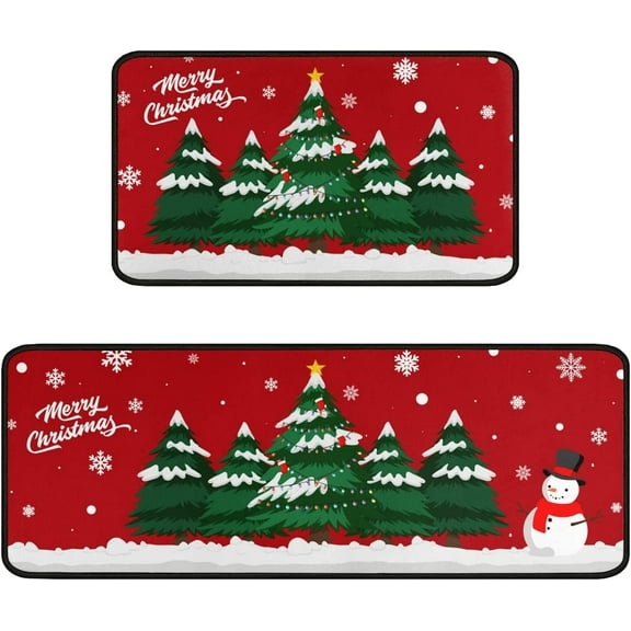 Merry Christmas Kitchen Rugs and Mats Set of 2,Red Christmas Tree Kitchen Decoration,Non Slip Absorbent Kitchen Mat Waterproof Runner Rug for Laundry Room and Sink 17x 48 17x30 Inches