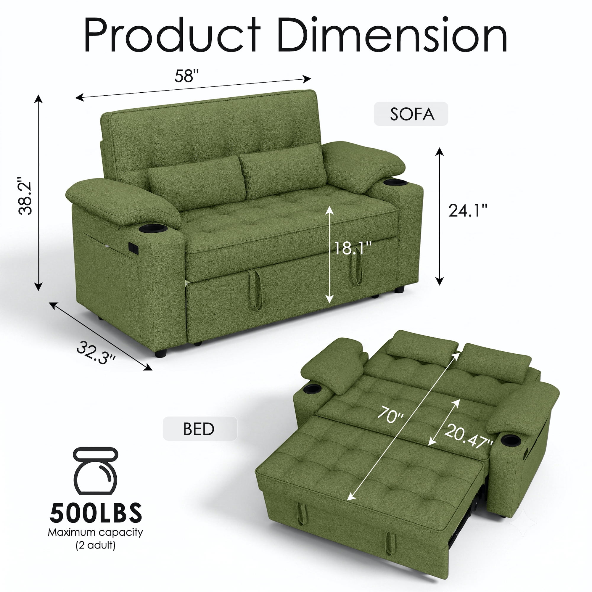 58" Sleeper Sofa Bed, Full Size Pull Out Couch, Towel Fabric Convertible Loveseat with USB Charging, Cup Holders, Adjustable Backrest & Side Pockets for Living Room, Apartment, Office (Green)