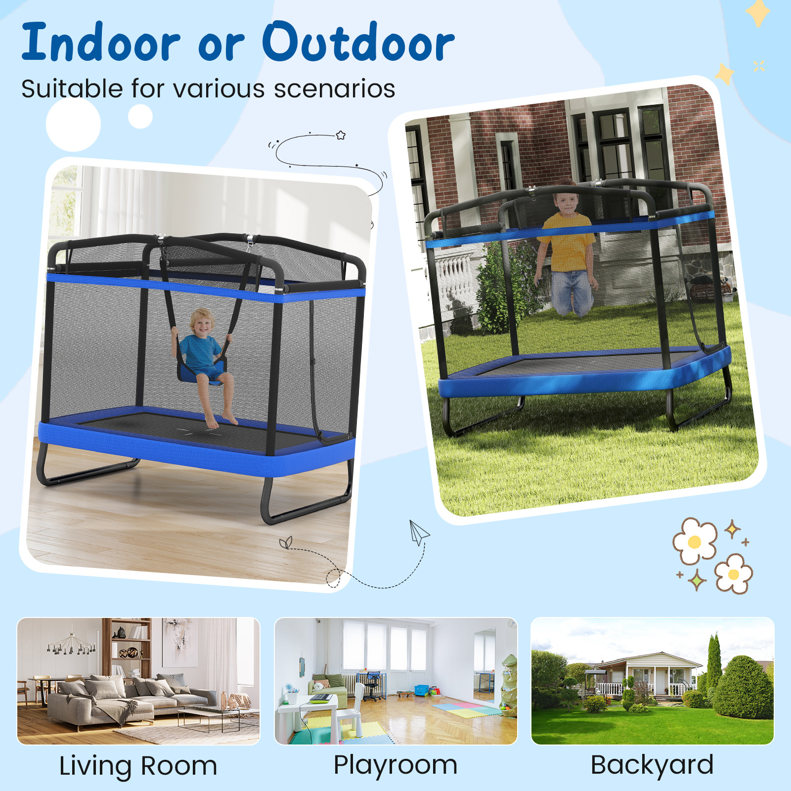 Gymax 6 FT Kids Trampoline w/Swing & Horizontal Bar Safety Enclosure Net Blue