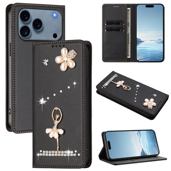 Wallet Case for iPhone 17 Pro Max, PU Leather TPU Protective Flip Cover with Card Slots RFID Blocking Kickstand and Glitter Rhinestone Decoration for Girls Women for iPhone 17 Pro Max, Black