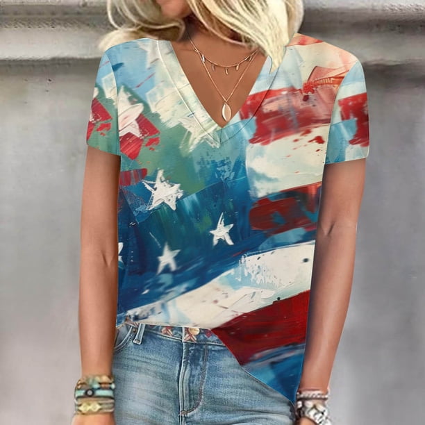 Fiudx Ofertas Flash Del Día Tops con Cuello En V de Manga Corta Estampados Del Día de La Independencia para Mujer