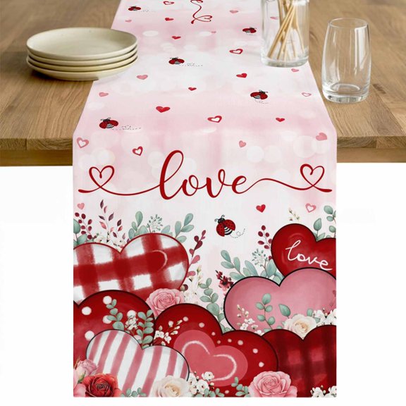 Pink Valentines Day Table Runner - 72 Inch Long Love Heart Eucalyptus Botanical Cotton and Linen Blended Dress Scarves Farmhouse Table Runner for Kitchen Dining, Coffee Table, 13" x 72"