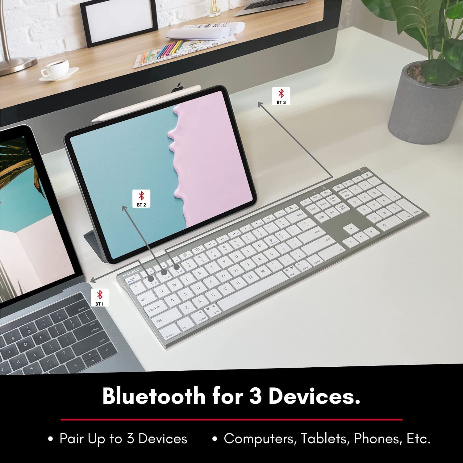 Macally Bluetooth Multi Device Keyboard for Apple, Windows, Android Computer and Tablet - Wireless, Numeric Keypad, Aluminum Silver