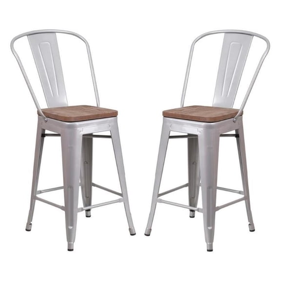 Home Square 24" Metal Counter Stool in Silver and Wood Grain - Set of 2