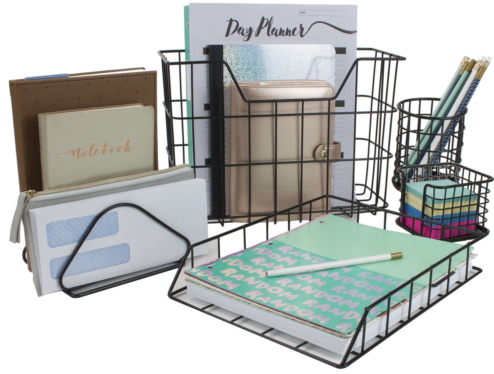 Wire Metal 5 in 1 Desk Organizer Set Letter Sorter, Pencil Holder