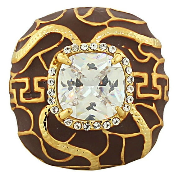 Fashion Alloy Yellow Gold-Tone Brown Enamel White CZ Large Cocktail Ring Size 8