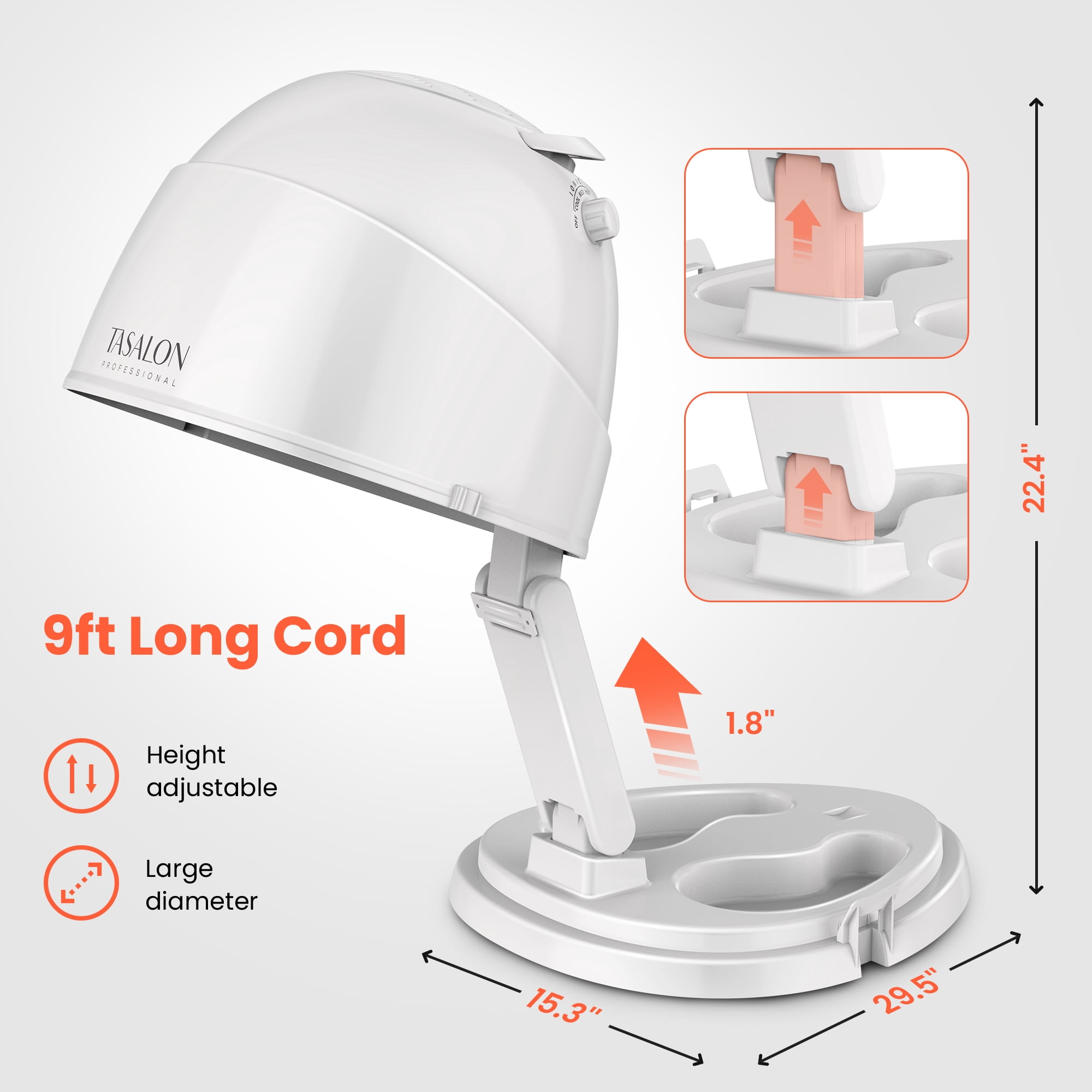 TASALON 1875W Ionic Hooded Hair Dryer with 3 Heat Settings, Professional Sit-Under Dryer for Home & Salon, Portable Ceramic Hair Dryer Bonnet,White