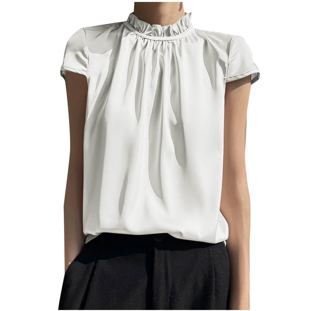 UPPADA Ruffle Tank Tops for Women Ice Silk Quick-Drying Shirts High Neck Elegant Cute Shirts White,M