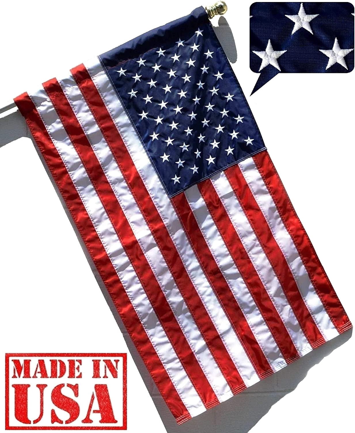 Factory - 3x5 FT Flag (Pole Sleeve) (Embroidered Stars, Sewn Stripes) Outdoor SolarMax Nylon Flag - 100% Made in America (3x5 FT)