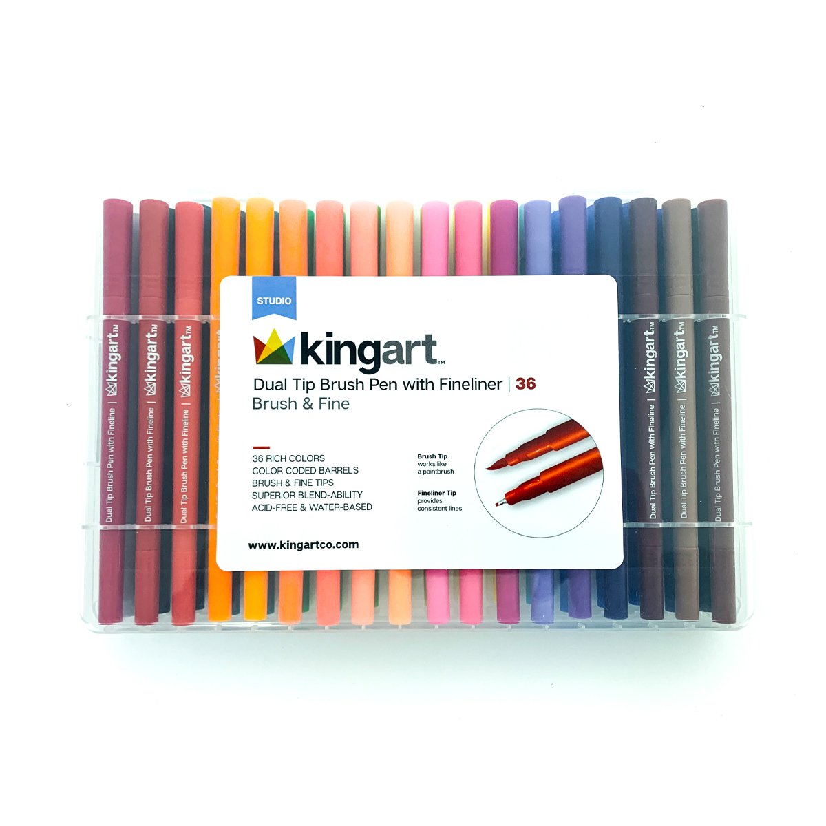 KINGART™ STUDIO Dual Tip Brush Pen Art Markers with Fineliner, Set of