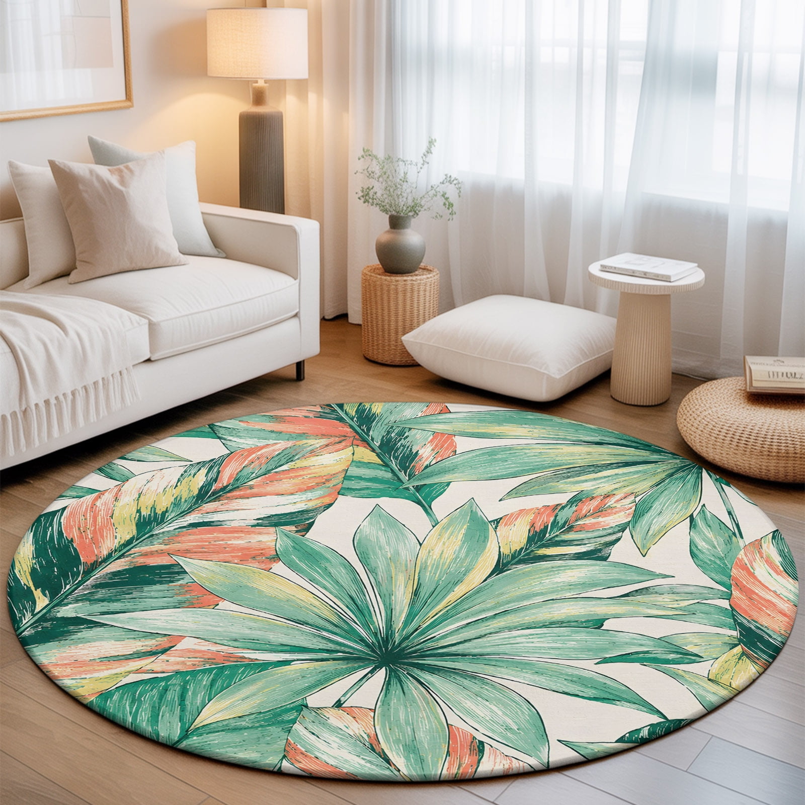 Round Area Rug - 4ft Summer Tropical Monstera Leaf Non Slip Washable Circle Carpet Soft Large Floor Rugs for Living Room Bedroom Nursery Office