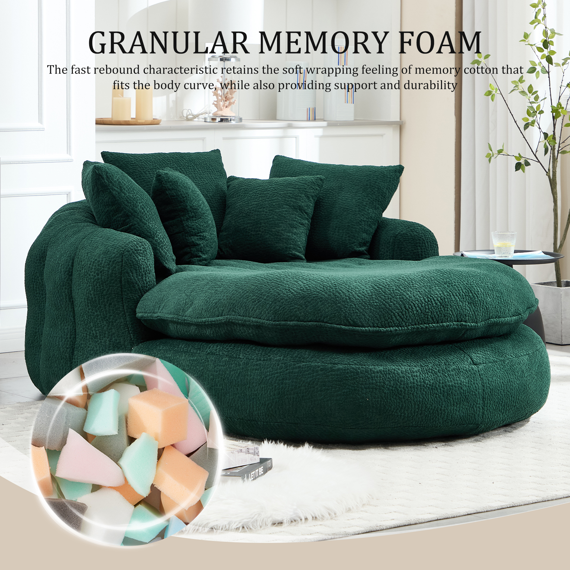 MOONMISS Chenille Upholstered Oversized Wrap Around Deep Seat Bean Bag Lazy Sofa with 5 Pillows-Emerald