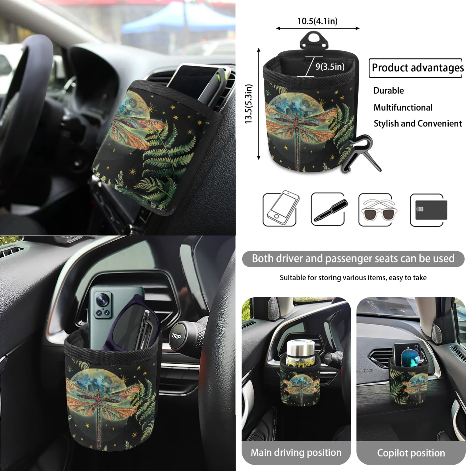 Garronmavis Aesthetic Dragonfly 15 PCS Car Seat Cover Full Set 4 Pieces Car Seat Covers Steering Wheel Cover Keychain Car Trash Can Car Dash Accessories Rearview Mirror Cover Car Coasters