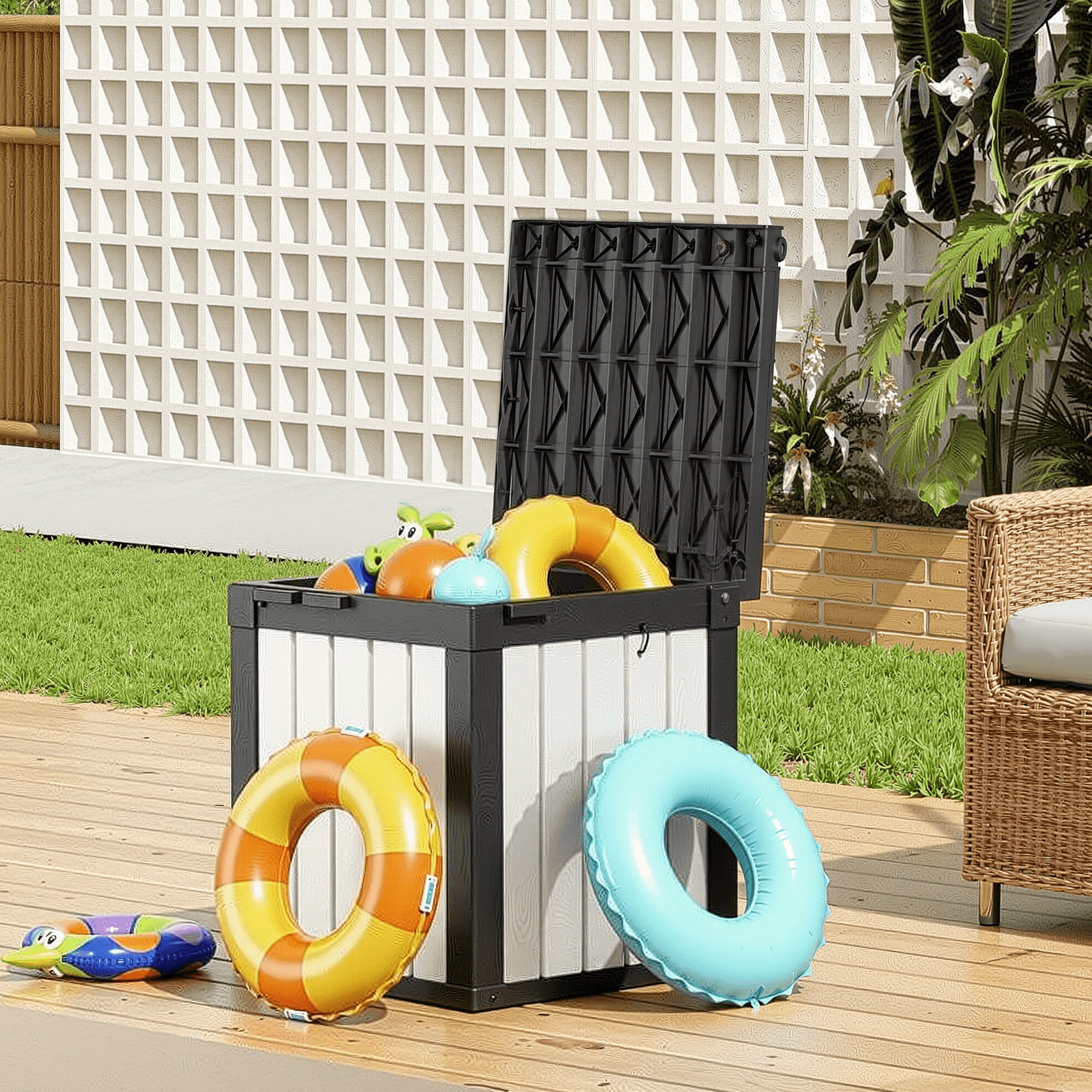 MAYEERTY 50 Gallon Outdoor Deck Box, Large Capacity Storage Box for Patio Furniture Cushions, Pillow with Wheels, Black+White